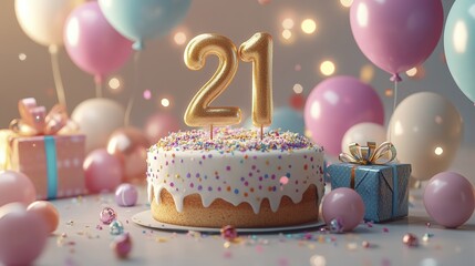 A festive twenty first birthday celebration with cake gifts and balloons galore