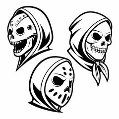 Three menacing skulls with hoods and masks horror gothic