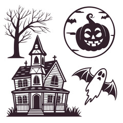 Spooky Halloween icons featuring haunted house ghost pumpkin and bare tree bats