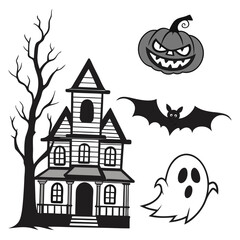 Spooky haunted house bat ghost and pumpkin icons scary