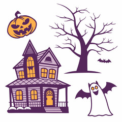 Spooky haunted house with grinning pumpkin and flying ghost halloween
