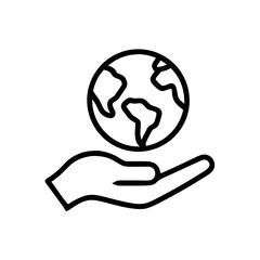 Hand Holding Earth Icon – Global Responsibility and Sustainability Line Vector