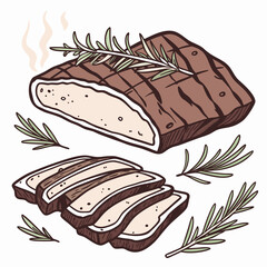 Sliced grilled meat with rosemary sprigs sliced meat brisket