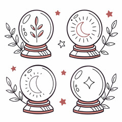 Mystical crystal balls with celestial and botanical elements fortune telling divination