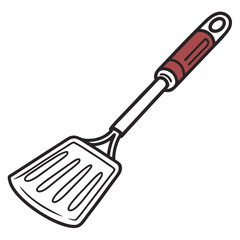 Red handled slotted spatula kitchen utensil cooking grilling