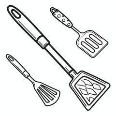 Kitchen spatulas cooking utensils set black outline grilling