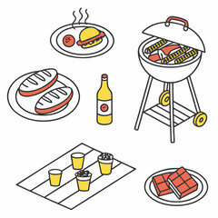 Backyard barbecue food and drinks icons barbecue grill hot dogs