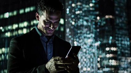 Caucasian man engaged in data processing with smartphone in urban setting at night, data processing over caucasian man using smartphone - Powered by Adobe