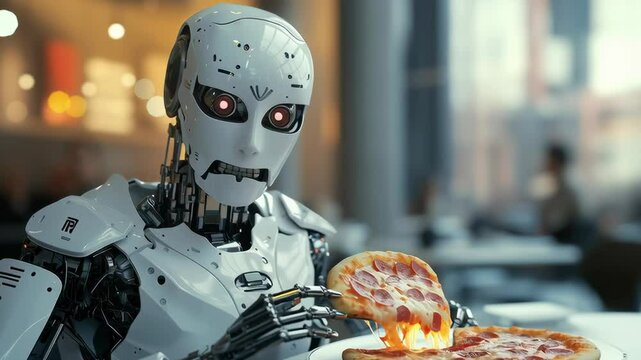 A robot is eating a slice of pizza. The robot is white and has a robotic arm. The pizza is on a plate and is being held by the robot's arm. The scene is set in a restaurant