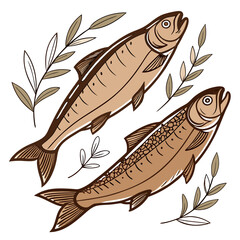 Two brown fish with decorative branches on white smoked fish seafood