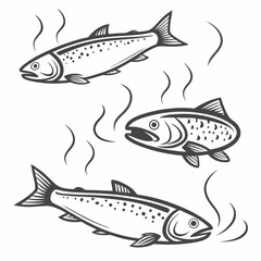 Three stylized smoked salmon fish with steam smoked fish seafood