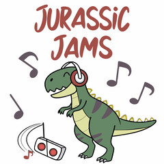 Green dinosaur wearing headphones listening to music vector