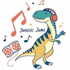 Dinosaur listening to music with headphones and cassette notes