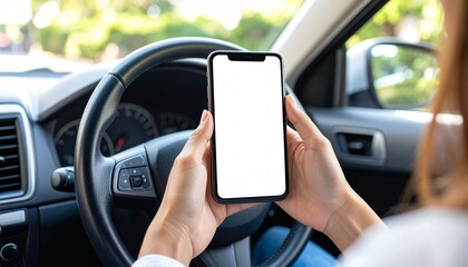 Man driving car holding smartphone with blank screen