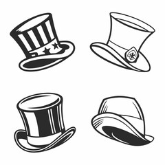 Four distinct top hats with varied designs and styles headwear formal wear