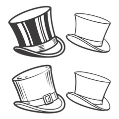 Four classic top hats with decorative bands and buckles headwear fashion