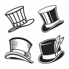 Four black top hats with decorative elements headwear formal wear