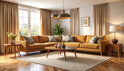 Fototapeta premium Create a cozy midcentury modern living room with a sofa interior design residential space warm atmosphere home comforts