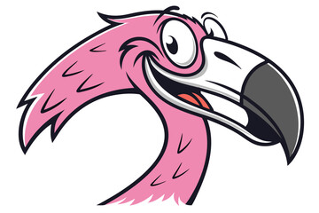 Expressive cartoon pink flamingo head smiles broadly with bold outline on a white background