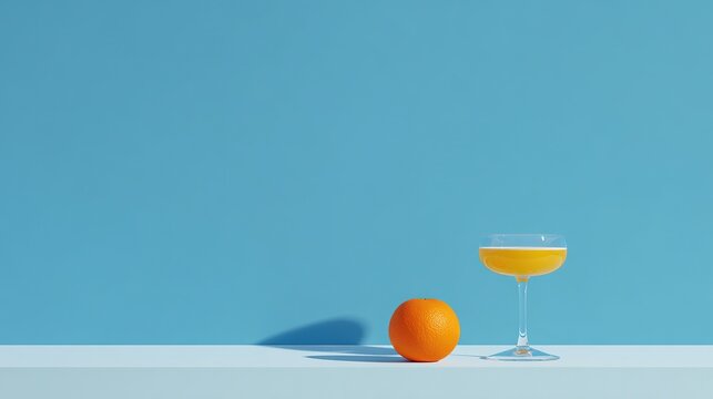  Minimalist plain blue background for product photography featuring one orange and a cocktail glass on a white tabletop, with sun shining from the side