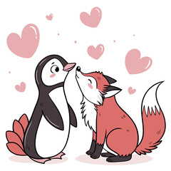 Cute penguin and fox sharing a tender moment with pink hearts animal couple love