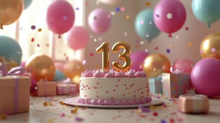 Celebrating Thirteen Years A birthday party theme with cake, gifts, and balloons