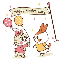 Cute cat and rabbit couple celebrating anniversary banner balloons