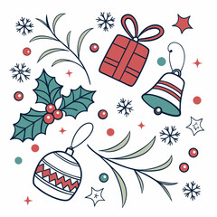 Festive Christmas Icons With Holly And Snowflakes holiday winter