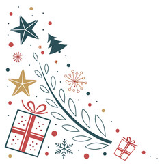 Festive holiday icons scattered with stars and gifts Christmas