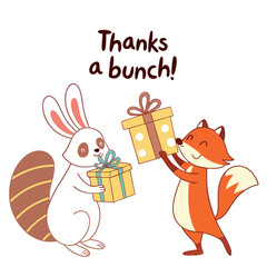 Fox and rabbit giving gifts with thanks vector