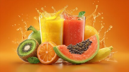 Tropical fruit explosion papaya kiwi orange smoothie refreshing juices in summer light vitamins