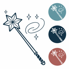 Magic wand icons with stars and swirls sparkle fantasy