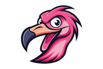 Cartoon flamingo head has expressive face with pink feathers and dark beak shown