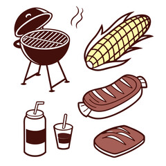 Barbecue grill corn steak drinks and bread on white background food