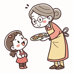 Grandmother offers cookies to happy child offering