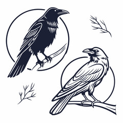 Two dark birds perched on branches within circles with decorative twigs crow raven