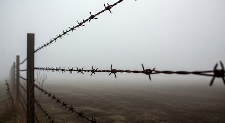 Rusty barbed wire fence extends into dense morning fog creating a somber boundary in a rural landscape with wooden posts and sharp metal barbs evoking feelings of restriction and