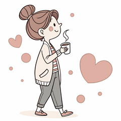 Cheerful cartoon woman with coffee and messy bun drink