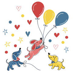 Three dogs celebrating with balloons and hearts celebration stars