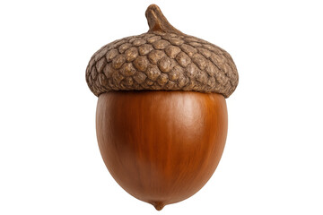 Close-up of a ripe acorn still wearing its textured cap, isolated on a transparent background, ready for compositing