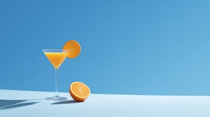  Minimalist plain blue background for product photography featuring one orange and a cocktail glass on a white tabletop, with sun shining from the side