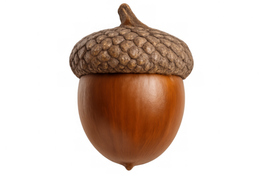 Close-up of a ripe acorn still wearing its textured cap, isolated on a transparent background, ready for compositing