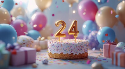 Celebratory 24th birthday with cake, gifts, balloons, and joyful ambiance