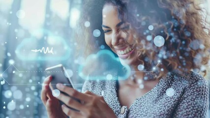 Cloud technology analysis by a biracial business professional engaging with mobile data, cloud with percents and arrow over biracial businesswoman using smartphone - Powered by Adobe