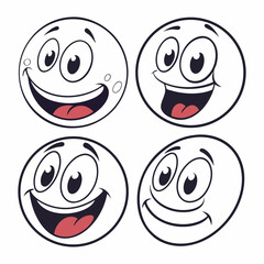 Four cartoon faces with happy expressions and wide smiles smiling cheerful