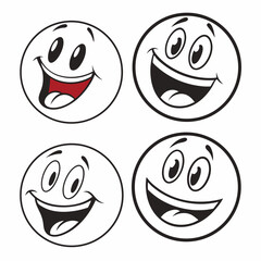 Four happy cartoon faces with wide open mouths and big eyes smiling
