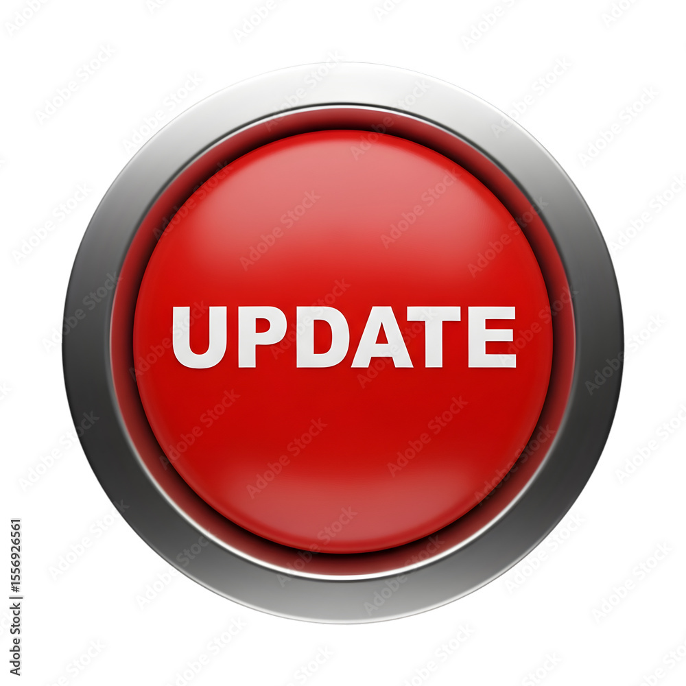 Fototapete Photo of a red metallic button with the word update isolated on transparent background, a threedimensional glossy circle design element for digital interfaces