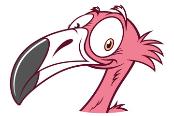 Googly eyed flamingo head shows off its comical expression and pink feathers proudly