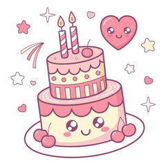 Kawaii two tiered birthday cake with cherries and candles vector