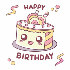 Kawaii birthday cake with pastel decorations and festive streamers pink yellow